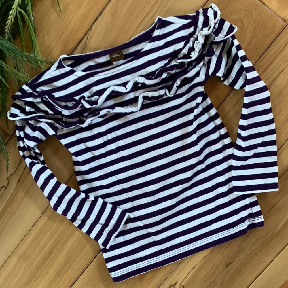 Tea Collection Purple/White Striped Ruffle Long Sleeve Top - 4T